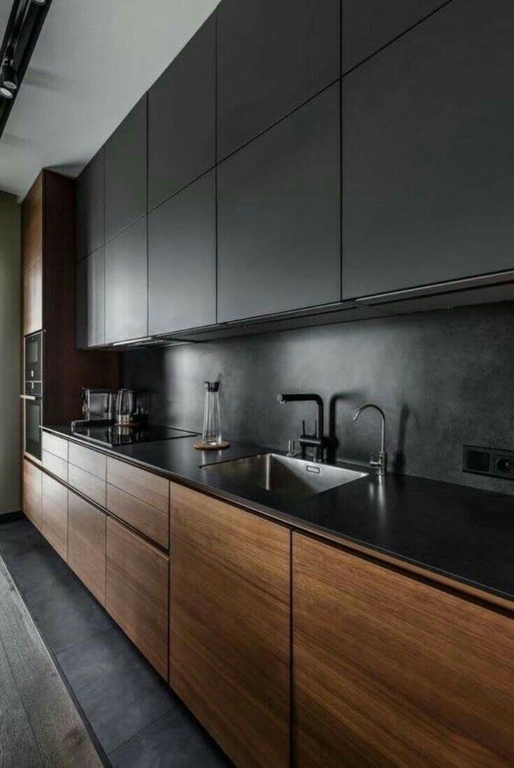 Cocina de melamina negra con parota en Guadalajara